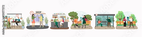 Passive smoke concept vector illustration. Man smokes next to pregnant woman at the bus stop. No smoking area, public place, bar. Tobacco and smoking cigarette addiction. Second hand smoke
