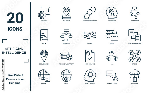 artificial.intelligence linear icon set. includes thin line control, book, geolocation, global, big data, bionic, drone icons for report, presentation, diagram, web design