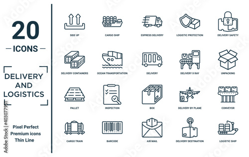 delivery.and.logistics linear icon set. includes thin line side up, delivery containers, pallet, cargo train, logistic ship, delivery, conveyor icons for report, presentation, diagram, web design
