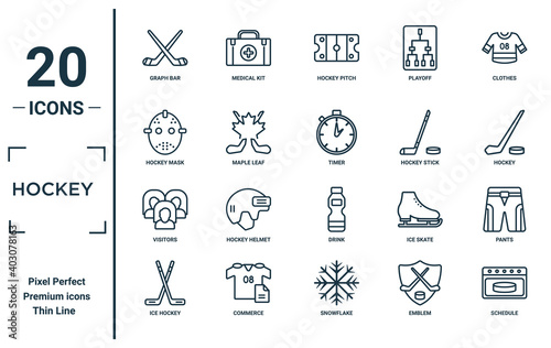 hockey linear icon set. includes thin line graph bar, hockey mask, visitors, ice hockey, schedule, timer, pants icons for report, presentation, diagram, web design