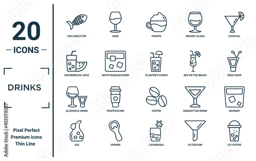 drinks linear icon set. includes thin line fish skeleton, watermelon juice, alcoholic drink, jug, ice coffee, planter's punch, whiskey icons for report, presentation, diagram, web design