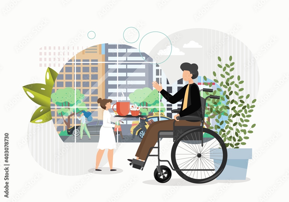 Disabled man on a wheelchair orders coffee in cafe. Accessible environment concept vector illustration. Handicapped man watching city life from window in cafe