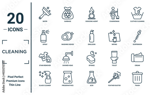 cleaning linear icon set. includes thin line wiper, spray, stain remover, glass cleaner, trash, emulsion, cream icons for report, presentation, diagram, web design