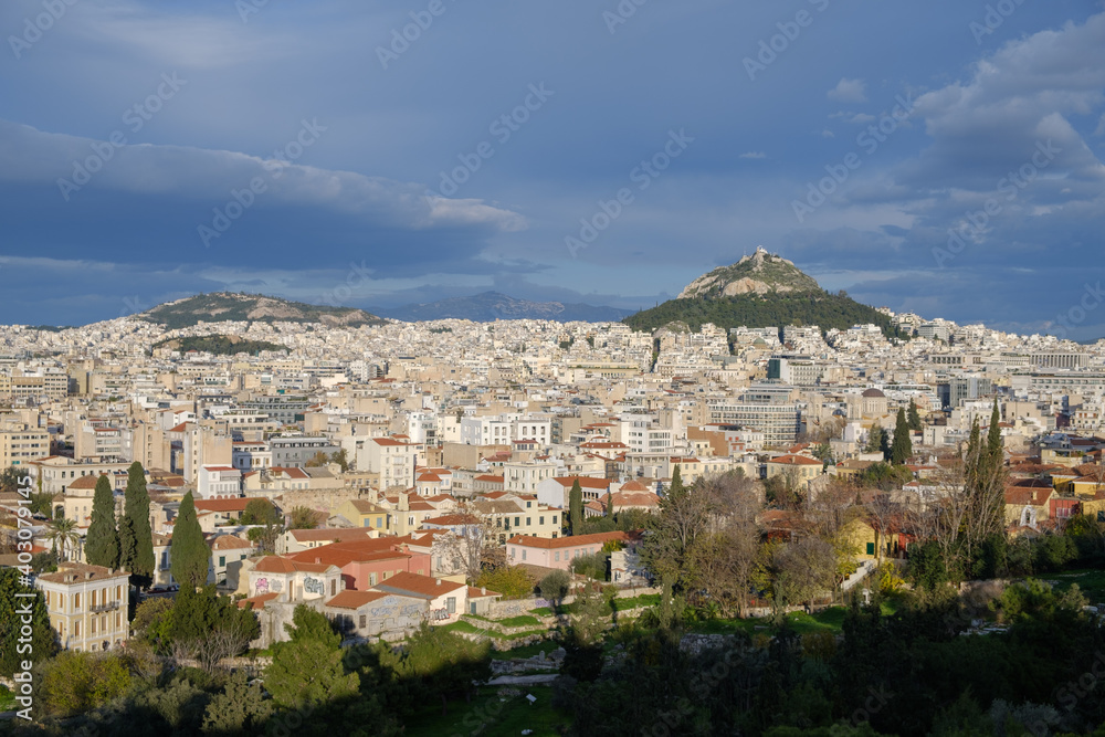 Athens - December 2019: view of the city and the Mount Lycabettus