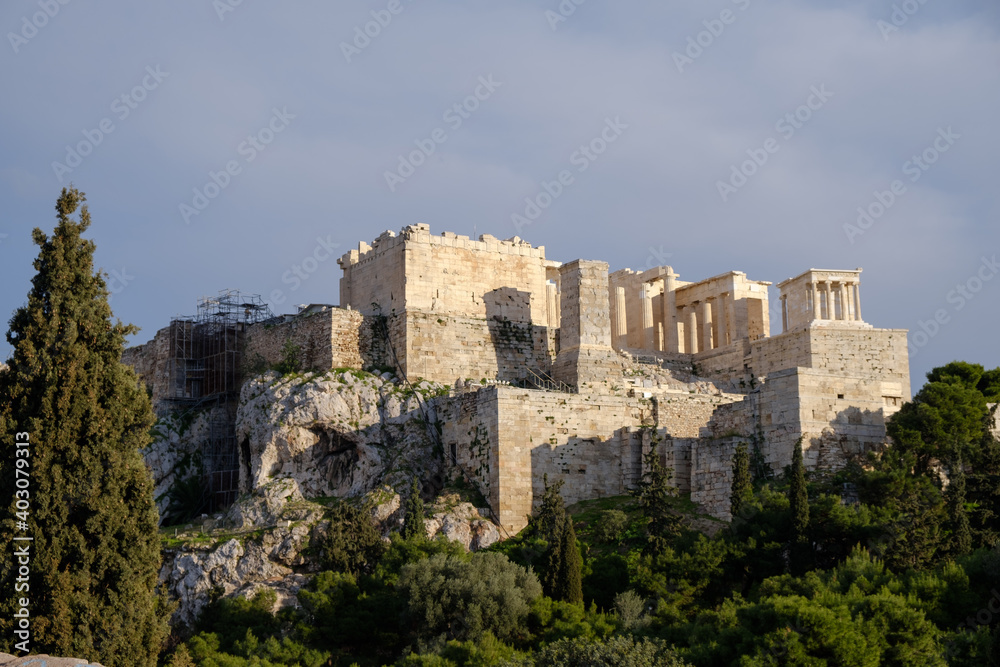 Athens - December 2019: view of Acropolis from Areopagus hill