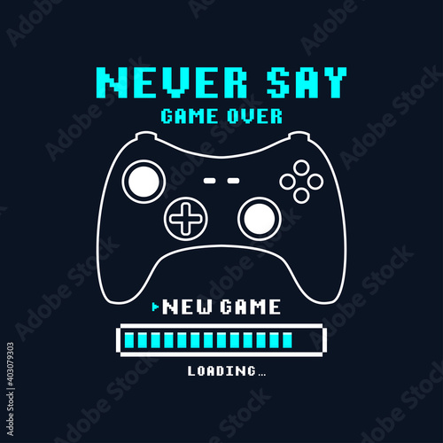 Joysticks gamepad t-shirt design with pixel text and slogan. Tee shirt typography graphics for gamers. Slogan print for video game concept. Vector illustration.