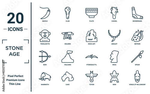 stone.age linear icon set. includes thin line needle, troglodyte, bow, mammoth, venus of willendorf, rock art, spear icons for report, presentation, diagram, web design