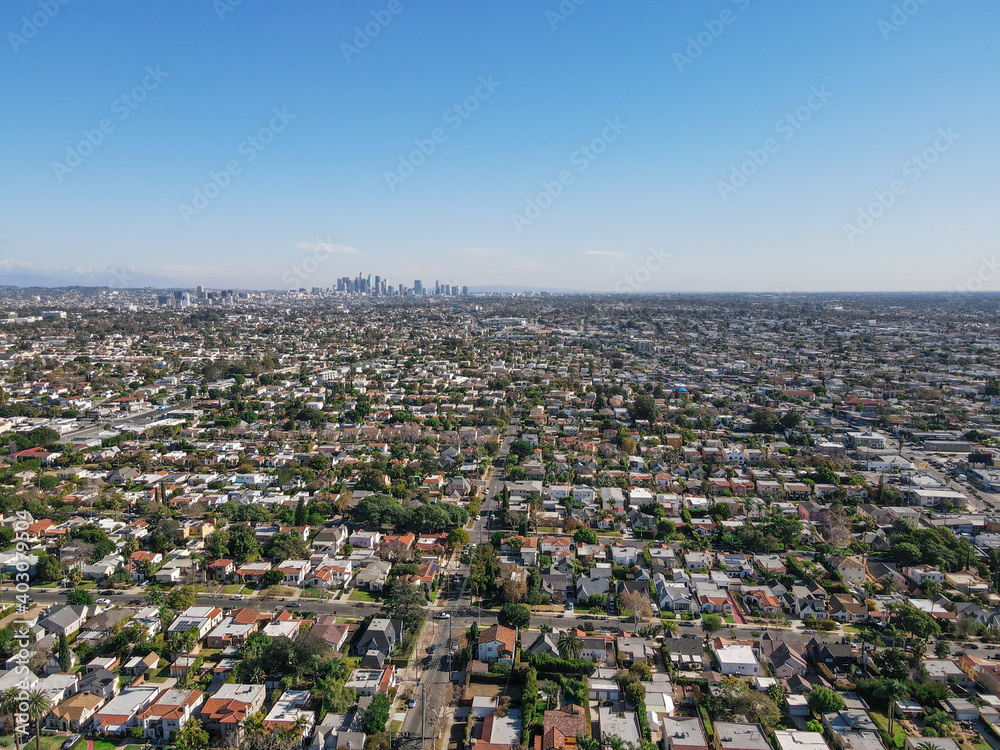 Aerial view above Mid-City neighborhood in Central Los Angeles, California. USA Aerial view above Mid-City neighborhood in Central Los Angeles, California. USA