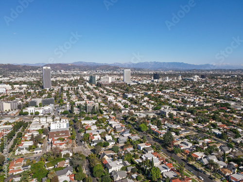 Aerial view above Mid-City neighborhood in Central Los Angeles  California. USA