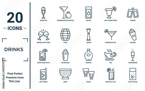 drinks linear icon set. includes thin line absinthe, brindis with wine glasses, fresh soda with lemon slice and straw, soft drink, tom collins, jigger, champagne icons for report, presentation,
