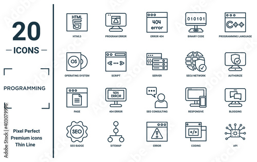 programming linear icon set. includes thin line html5, operating system, page, seo badge, api, server, blogging icons for report, presentation, diagram, web design