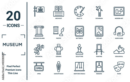 museum linear icon set. includes thin line  , antique column, botanical, open, mask, butterfly, geological icons for report, presentation, diagram, web design