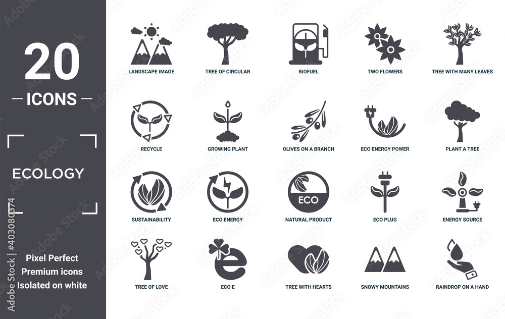 ecology icon set. include creative elements as landscape image, tree with many leaves, eco energy power, natural product, eco e, sustainability filled icons can be used for web design, presentation,