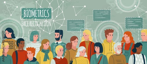 Face recognition in people crowd. Public biometric security technology. Hand drawn vector illustration. Facial recognition system