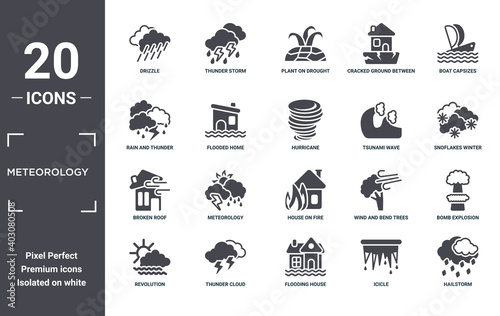 meteorology icon set. include creative elements as drizzle, boat capsizes, tsunami wave, house on fire, thunder cloud, broken roof filled icons can be used for web design, presentation, report and