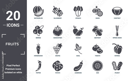 fruits icon set. include creative elements as watermelon, chestnut, beetroot, basil, potato, horseradish filled icons can be used for web design, presentation, report and diagram