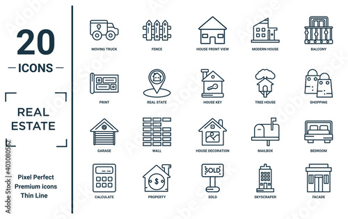 real.estate linear icon set. includes thin line moving truck, print, garage, calculate, facade, house key, bedroom icons for report, presentation, diagram, web design