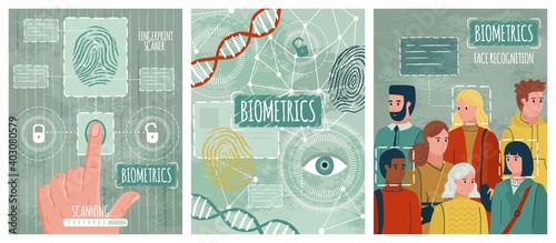 Biometric security technology posters. Hand drawn vector illustration. Fingerprint scan, face recognition, identification system. Privacy, facial recognition in people crowd, secure access