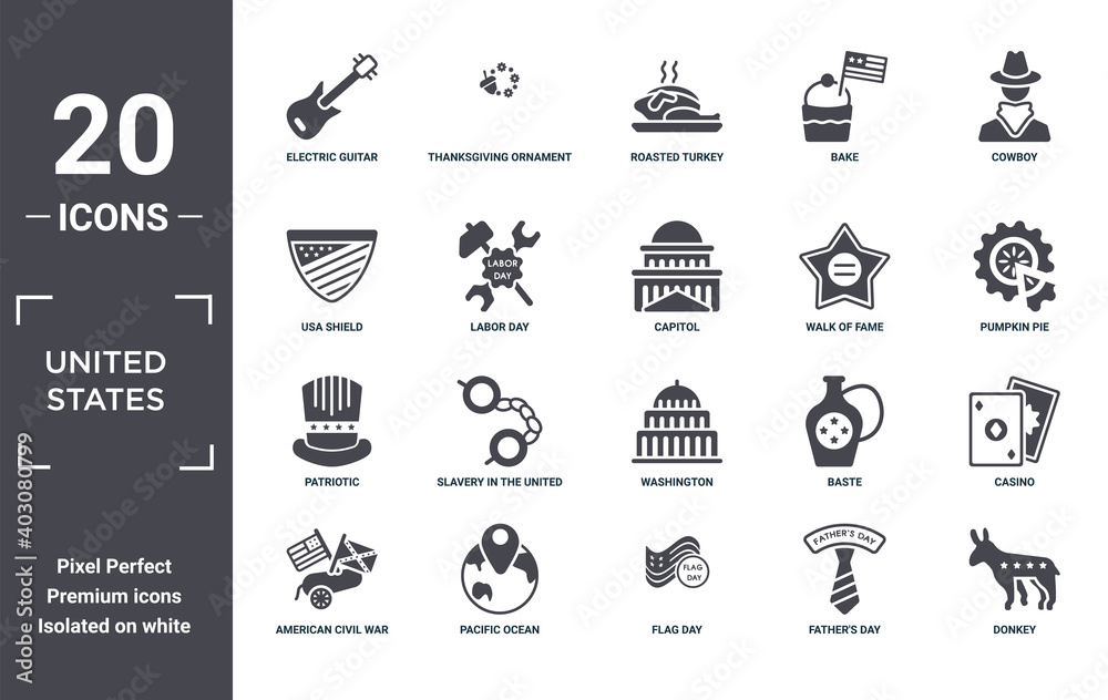 united.states icon set. include creative elements as electric guitar, cowboy, walk of fame, washington, pacific ocean, patriotic filled icons can be used for web design, presentation, report and