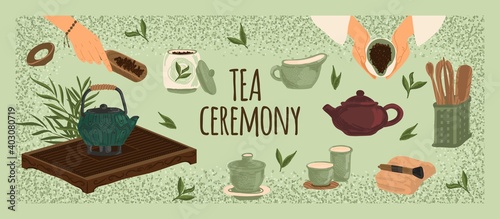 Tea ceremony equipment set vector illustration. Traditional japanese and chinese tea utensils and accessories, teapot, ceramic cup, spoon. Hand drawn banner and poster