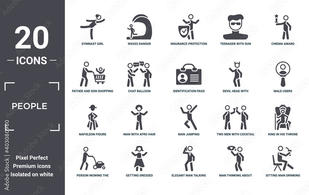 people icon set. include creative elements as gymnast girl, cinema award, devil head with horns, man jumping, getting dressed, napoleon figure filled icons can be used for web design, presentation,