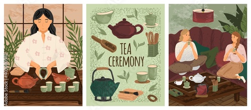 Tea ceremony concept vector posters. Traditional chinese way or tea. Friends drink hot tea at home. Gongfu ceremony utensils and accessories, teapot, cup, spoon. Asian chinese and japanese culture photo