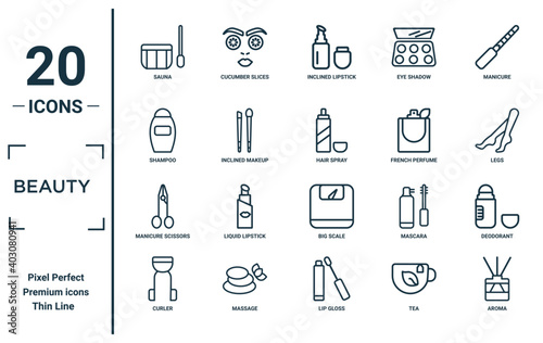 beauty linear icon set. includes thin line sauna, shampoo, manicure scissors, curler, aroma, hair spray, deodorant icons for report, presentation, diagram, web design