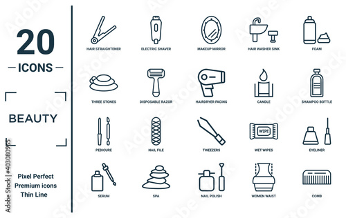 beauty linear icon set. includes thin line hair straightener, three stones, pedicure, serum, comb, hairdryer facing left, eyeliner icons for report, presentation, diagram, web design
