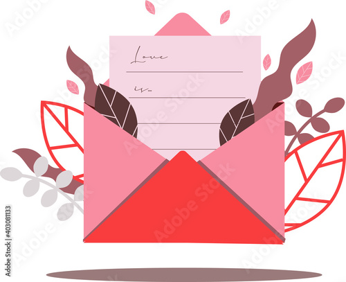 Valentine's Day love card in envelope. Flat design vector illustration for Happy Valentine's Day and love symbol.
