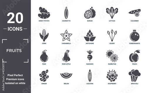 fruits icon set. include creative elements as sweet potato, cucumber, celery, radishes, melon, pear filled icons can be used for web design, presentation, report and diagram