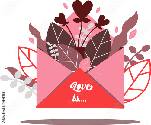 Happy Valentine's Day, love letter concept. Large envelope with red hearts, romantic background, banner design