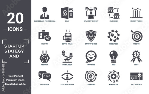 startup.stategy.and icon set. include creative elements as businessman professional, market trends, resources, happiness, strategic vision, restrict filled icons can be used for web design,