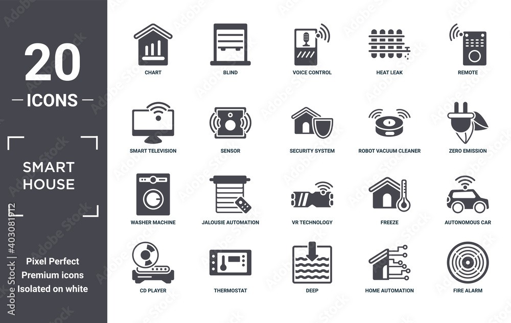 smart.house icon set. include creative elements as chart, remote, robot vacuum cleaner, vr technology, thermostat, washer machine filled icons can be used for web design, presentation, report and