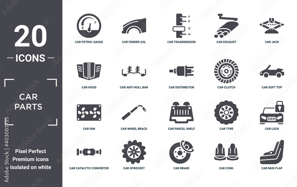car.parts icon set. include creative elements as car petrol gauge, car jack, car clutch, parcel shelf, sprocket, fan filled icons can be used for web design, presentation, report and diagram