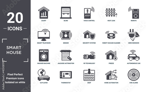 smart.house icon set. include creative elements as chart, remote, robot vacuum cleaner, vr technology, thermostat, washer machine filled icons can be used for web design, presentation, report and