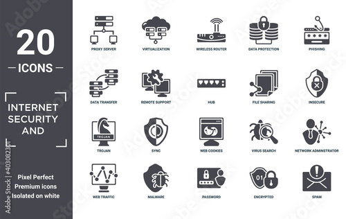 internet.security.and icon set. include creative elements as proxy server, phishing, file sharing, web cookies, malware, trojan filled icons can be used for web design, presentation, report and
