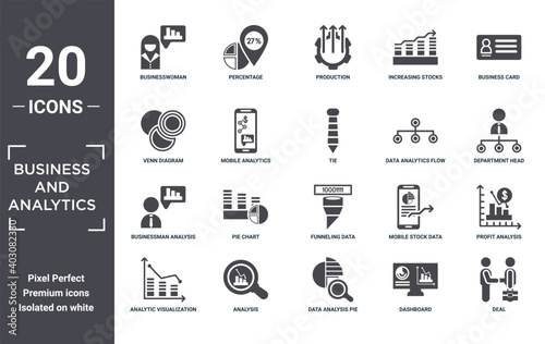 business.and.analytics icon set. include creative elements as businesswoman, business card, data analytics flow, funneling data, analysis, businessman analysis filled icons can be used for web
