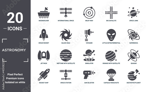 astronomy icon set. include creative elements as moonwalker, space junk, little extraterrestial, simulator, space station, jet pack filled icons can be used for web design, presentation, report and