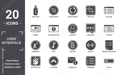 user.interface icon set. include creative elements as spray paint, elections, spellcheck, bold text, up chevron, superscript filled icons can be used for web design, presentation, report and diagram