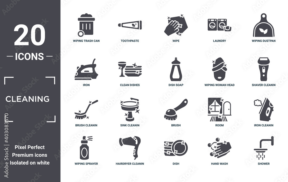 cleaning icon set. include creative elements as wiping trash can, wiping dustpan, wiping woman head, brush, hairdryer cleanin, brush cleanin filled icons can be used for web design, presentation,