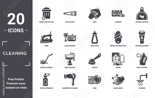 cleaning icon set. include creative elements as wiping trash can, wiping dustpan, wiping woman head, brush, hairdryer cleanin, brush cleanin filled icons can be used for web design, presentation,