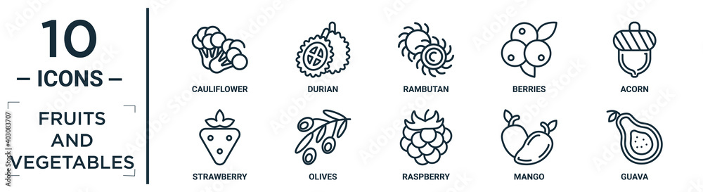 fruits.and.vegetables linear icon set. includes thin line cauliflower, rambutan, acorn, olives, mango, guava, strawberry icons for report, presentation, diagram, web design