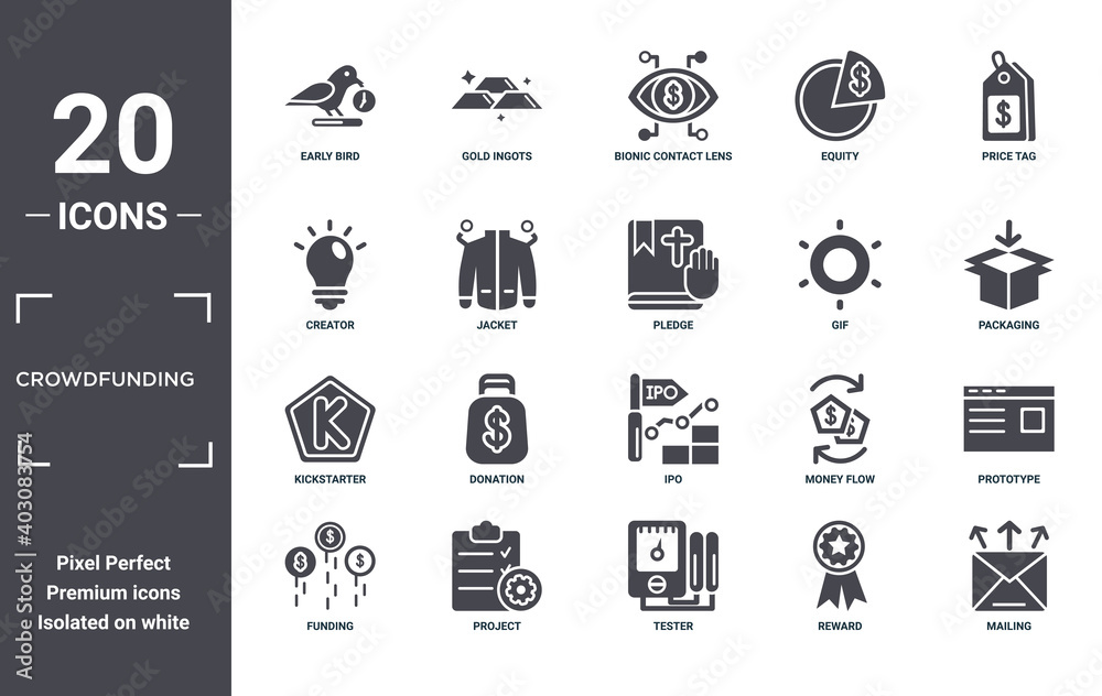 crowdfunding icon set. include creative elements as early bird, price tag, gif, ipo, project, kickstarter filled icons can be used for web design, presentation, report and diagram