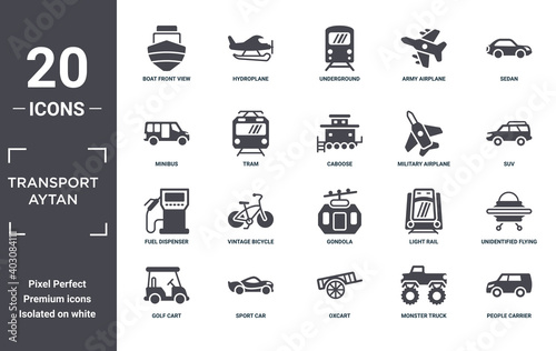 transport.aytan icon set. include creative elements as boat front view, sedan, military airplane, gondola, sport car, fuel dispenser filled icons can be used for web design, presentation, report and