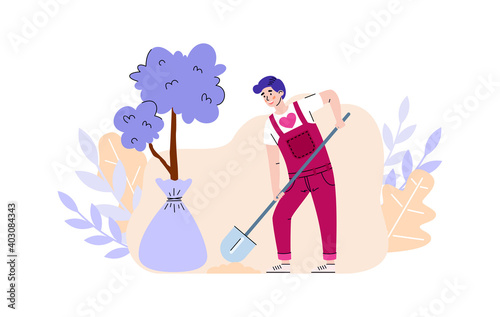 Male volunteer planting seedling tree in park, garden or nature. Concept of volunteering, charity social activity and ecological protect of environment. Vector illustration.
