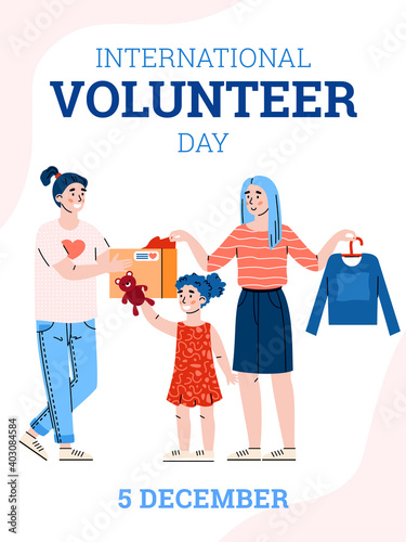 Charity and donation concept. Poster for international volunteer day. Social help poor woman with kid with toys and clothes. Care and support of needy people. Vector illustration