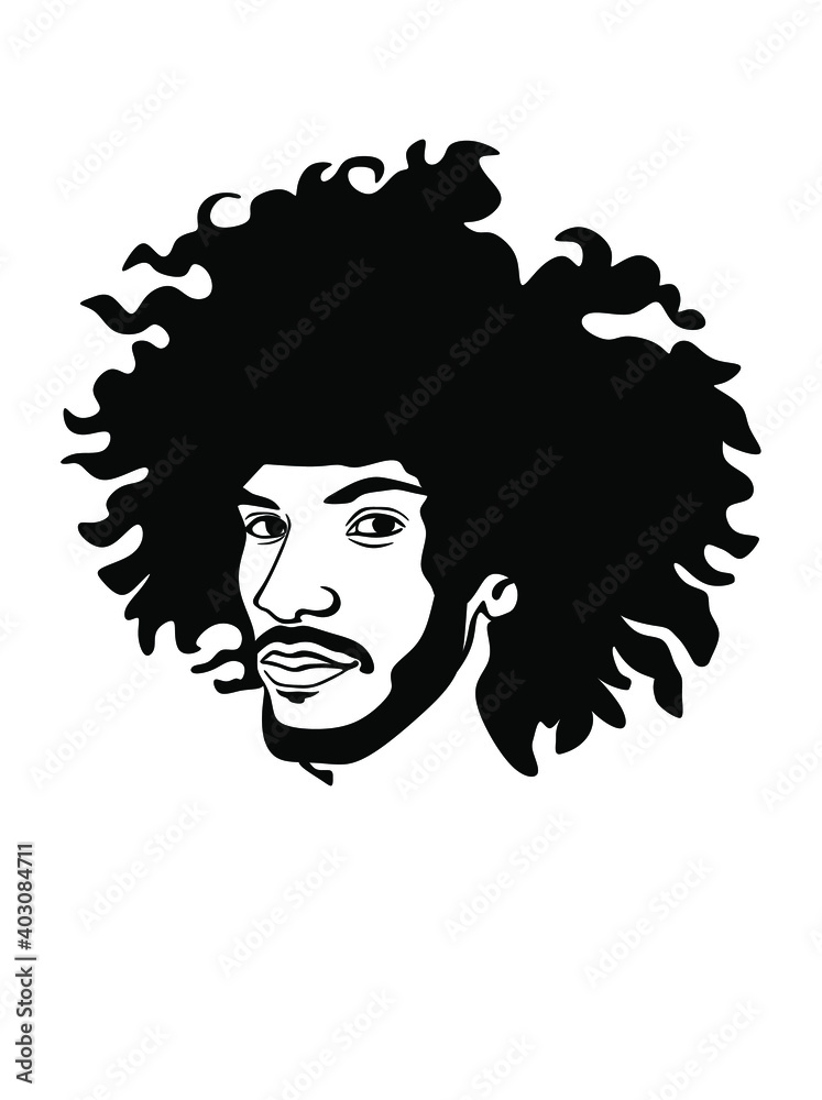 Vector silhouette drawing of the head of black African American Afro man with lush curly hair.Male portrait face of a hairstyle of dreadlocks, profile.Vinyl wall sticker decal. Stock Vector