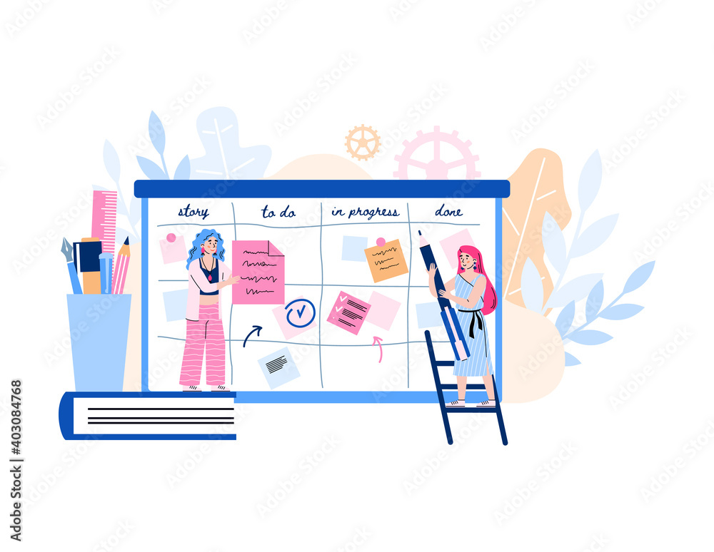 Fototapeta premium Concept of agile development. Scrum team from women use kanban methodology, sticking and move papers on board from start to finish analyzing strategy task. Vector illustration.