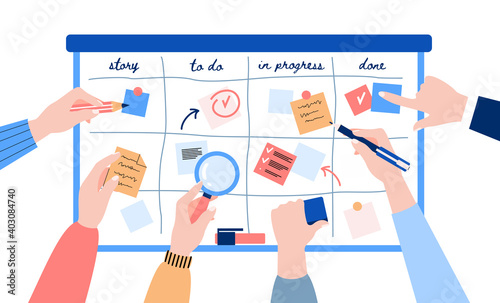 Concept of agile development. Human hands sticking papers on board for analyzing strategy tasks. Scrum team use kanban methodology works on business project. Vector illustration. photo