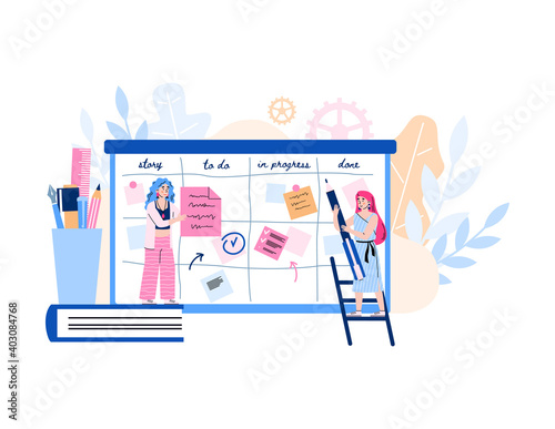 Concept of agile development. Scrum team from women use kanban methodology, sticking and move papers on board from start to finish analyzing strategy task. Vector illustration.